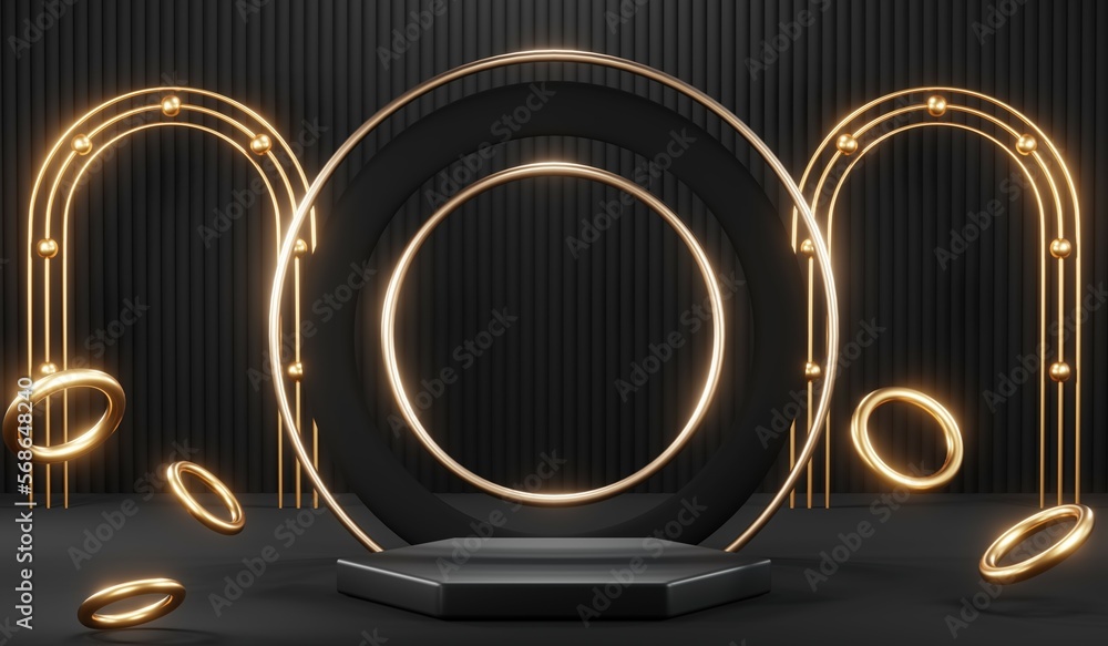 3d render black podium background showcases a premium, minimal and modern design with a combination of geometric shapes, golden glitter and a realistic studio room setting, creating a perfect platform 3d render black podium background showcases a premium, minimal and modern design with a combination of geometric shapes, golden glitter and a realistic studio room setting, creating a perfect platform
