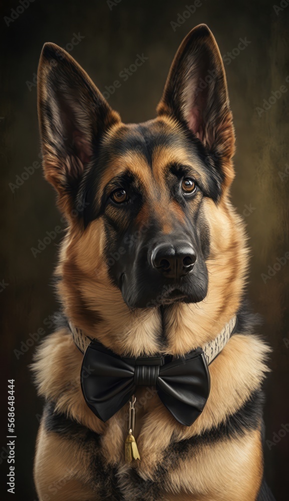 Stylish Humanoid Gentleman Dog in a Formal Well-Made Bow Tie at a Business Dance Party Ball Celebration - Realistic Portrait Illustration Art Showcasing Cute and Cool German Shepherd  (generative AI)