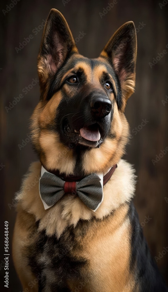 Stylish Humanoid Gentleman Dog in a Formal Well-Made Bow Tie at a Business Dance Party Ball Celebration - Realistic Portrait Illustration Art Showcasing Cute and Cool German Shepherd  (generative AI)