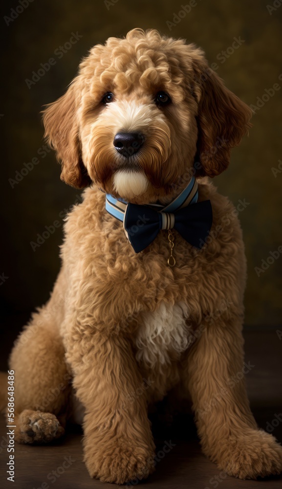 Stylish Humanoid Gentleman Dog in a Formal Well-Made Bow Tie at a Business Dance Party Ball Celebration - Realistic Portrait Illustration Art Showcasing Cute and Cool Golden Doodle  (generative AI)