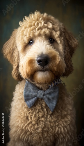 Stylish Humanoid Gentleman Dog in a Formal Well-Made Bow Tie at a Business Dance Party Ball Celebration - Realistic Portrait Illustration Art Showcasing Cute and Cool Golden Doodle (generative AI)