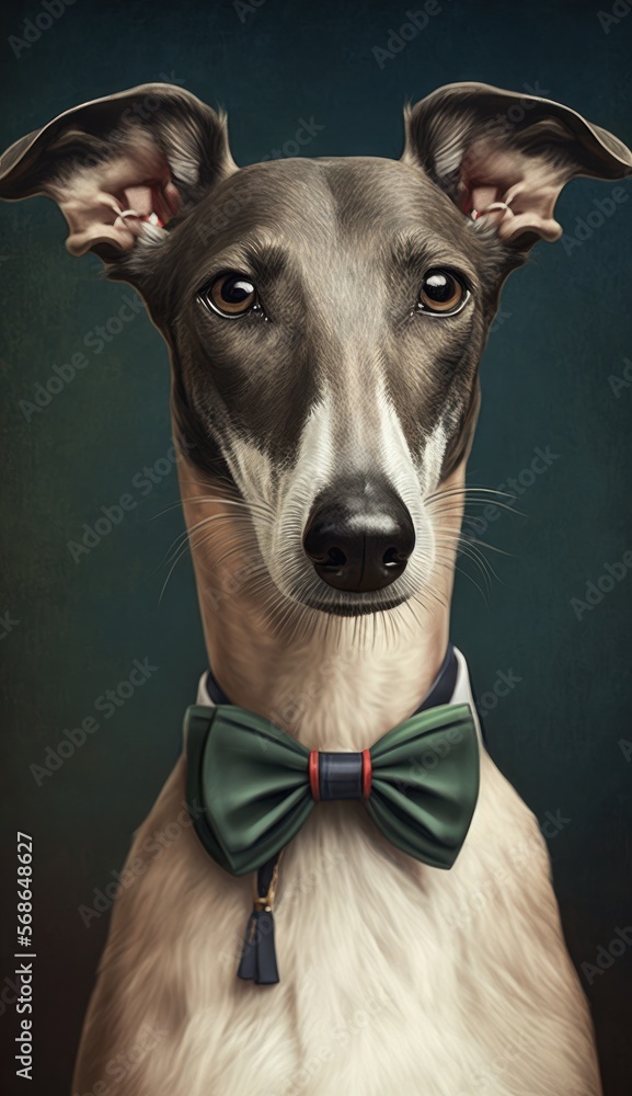 Stylish Humanoid Gentleman Dog in a Formal Well-Made Bow Tie at a Business Dance Party Ball Celebration - Realistic Portrait Illustration Art Showcasing Cute and Cool Greyhound  (generative AI)