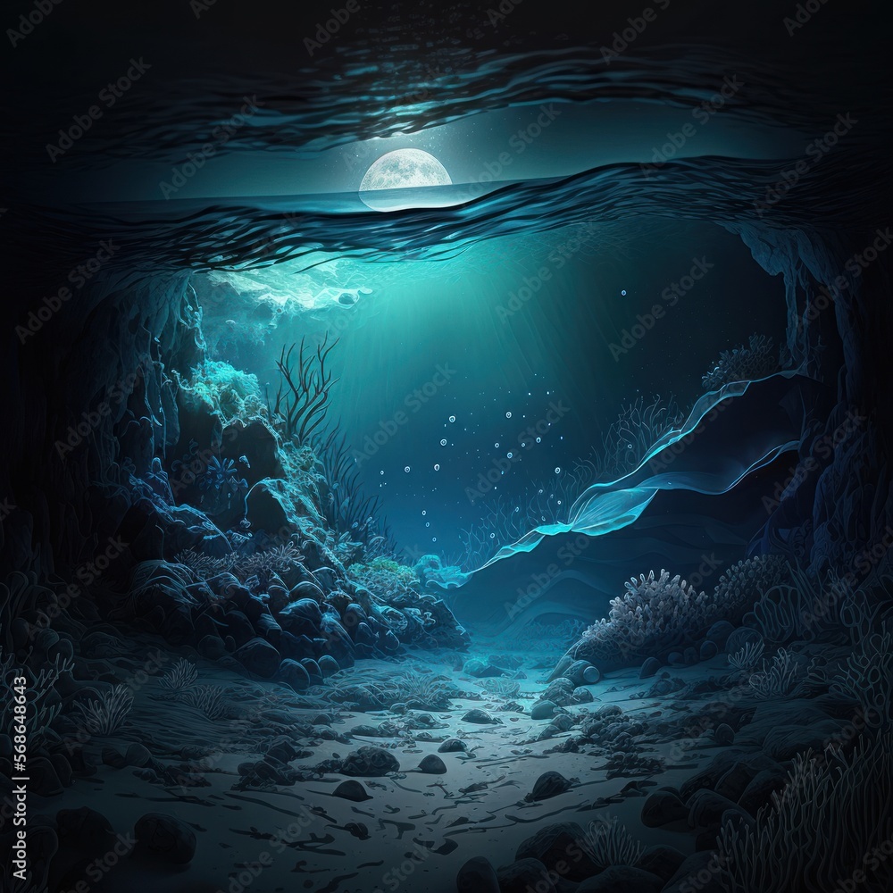 Underwater cave, Abstract sea and ocean backgrounds for your design, deep ocean, Landscape Terrain Underwater Dark Scene, generative by AI