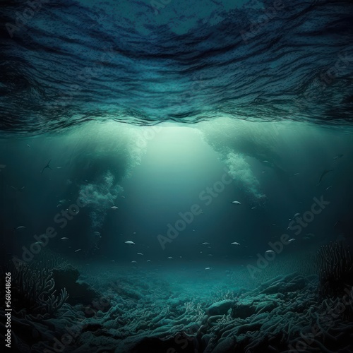 Underwater cave, Abstract sea and ocean backgrounds for your design, deep ocean, Landscape Terrain Underwater Dark Scene, generative by AI