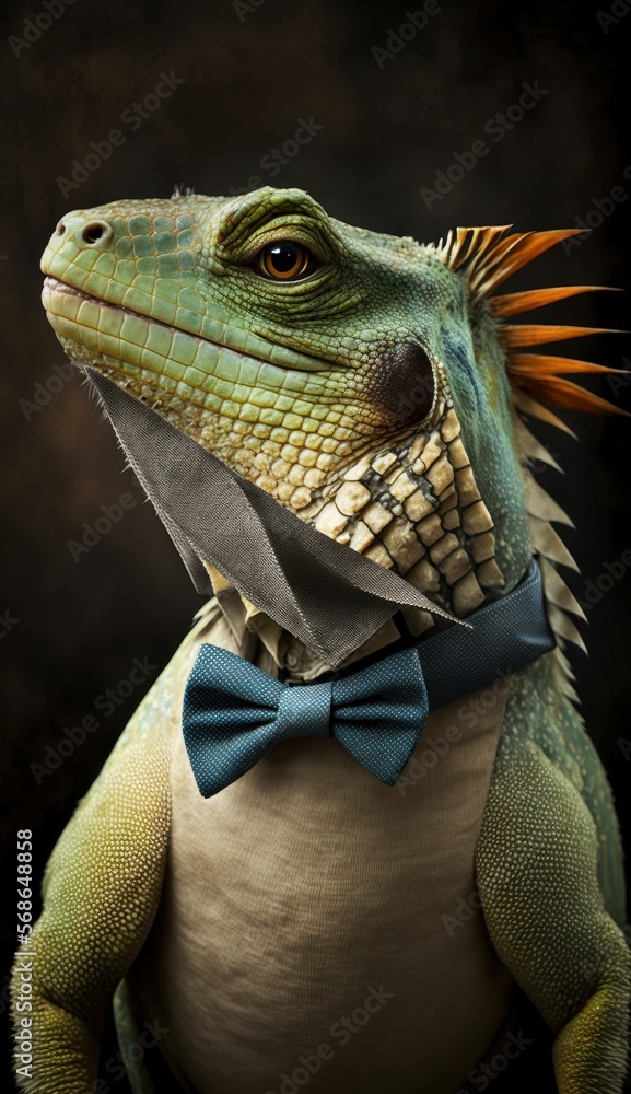 Stylish Humanoid Gentleman Animal in a Formal Well-Made Bow Tie at a Business Dance Party Ball Celebration - Realistic Portrait Illustration Art Showcasing Cute and Cool Iguana  (generative AI)