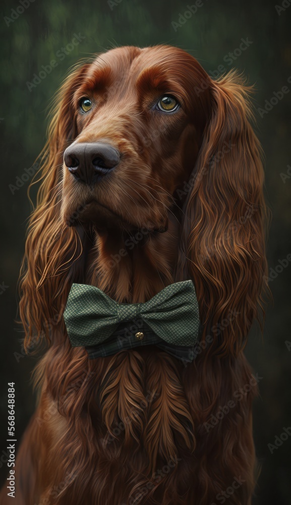Stylish Humanoid Gentleman Dog in a Formal Well-Made Bow Tie at a Business Dance Party Ball Celebration - Realistic Portrait Illustration Art Showcasing Cute and Cool Irish Setter  (generative AI)