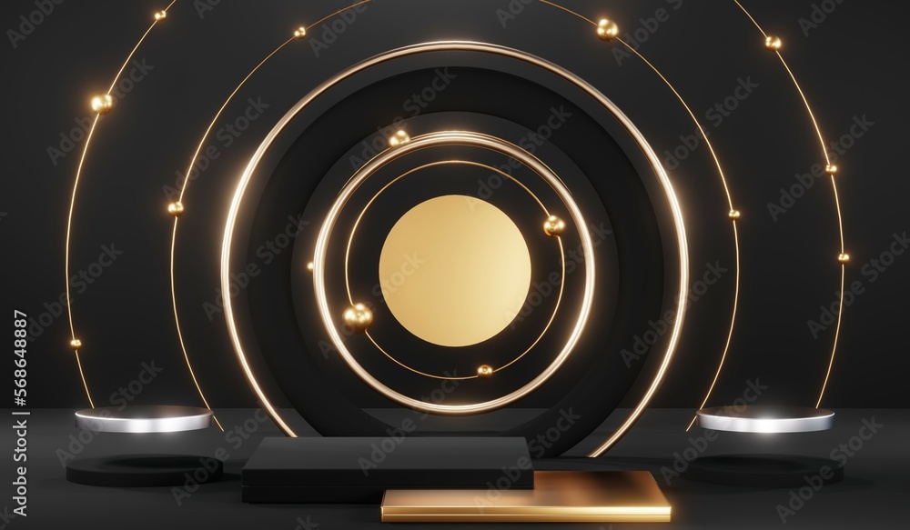 3d render black podium background showcases a premium, minimal and modern design with a combination of geometric shapes, golden glitter and a realistic studio room setting, creating a perfect platform 3d render black podium background showcases a premium, minimal and modern design with a combination of geometric shapes, golden glitter and a realistic studio room setting, creating a perfect platform