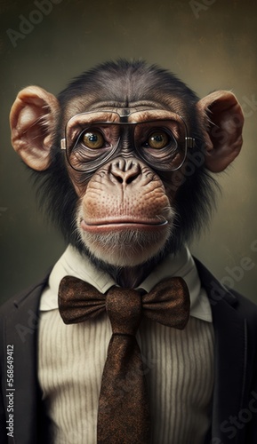 Stylish Humanoid Gentleman Animal in a Formal Well-Made Bow Tie at a Business Dance Party Ball Celebration - Realistic Portrait Illustration Art Showcasing Cute and Cool Monkey   generative AI 