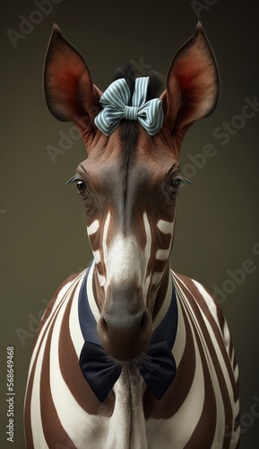 Stylish Humanoid Gentleman Animal in a Formal Well-Made Bow Tie at a Business Dance Party Ball Celebration - Realistic Portrait Illustration Art Showcasing Cute and Cool Okapi   generative AI 