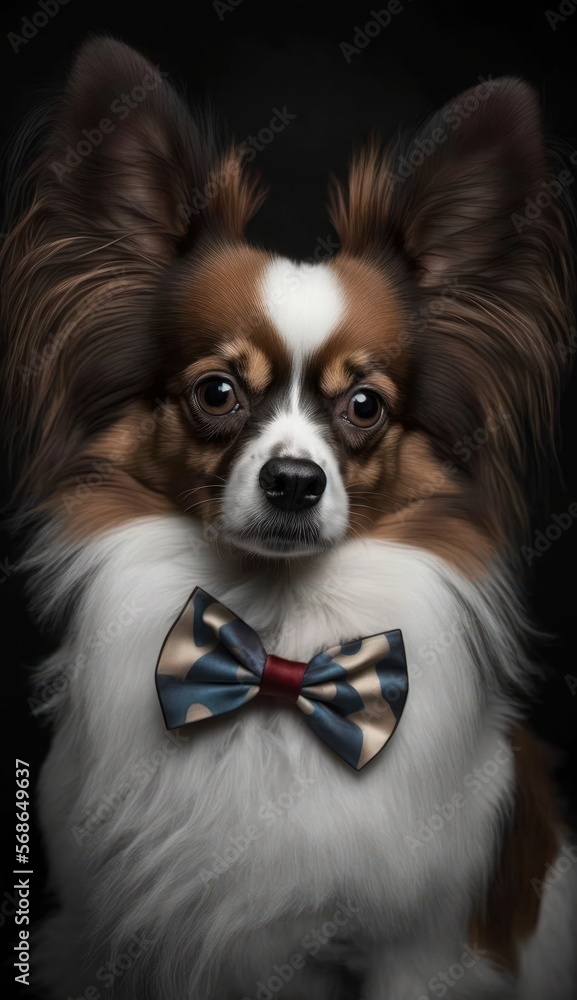 Stylish Humanoid Gentleman Dog in a Formal Well-Made Bow Tie at a Business Dance Party Ball Celebration - Realistic Portrait Illustration Art Showcasing Cute and Cool Papillon (generative AI) Stylish Humanoid Gentleman Dog in a Formal Well-Made Bow Tie at a Business Dance Party Ball Celebration - Realistic Portrait Illustration Art Showcasing Cute and Cool Papillon (generative AI)