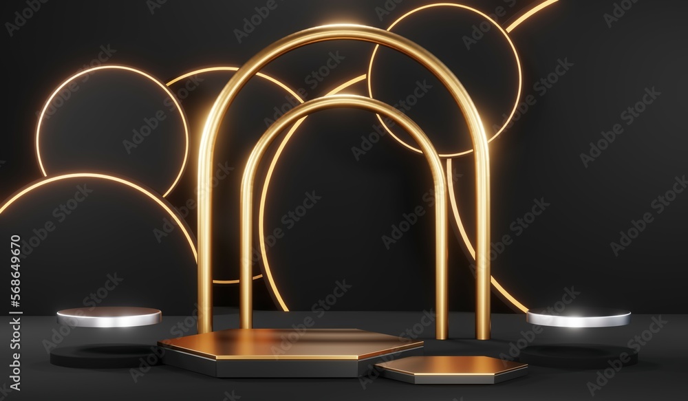 3d render black podium background showcases a premium, minimal and modern design with a combination of geometric shapes, golden glitter and a realistic studio room setting, creating a perfect platform