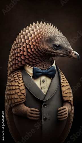 Stylish Humanoid Gentleman Animal in a Formal Well-Made Bow Tie at a Business Dance Party Ball Celebration - Realistic Portrait Illustration Art Showcasing Cute and Cool Pangolin (generative AI)