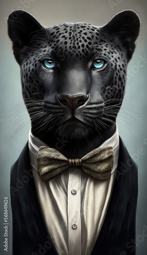 Stylish Humanoid Gentleman Animal in a Formal Well-Made Bow Tie at a Business Dance Party Ball Celebration - Realistic Portrait Illustration Art Showcasing Cute and Cool Panther   generative AI 