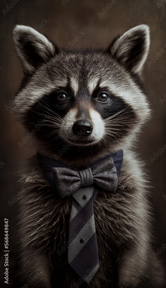 Stylish Humanoid Gentleman Animal in a Formal Well-Made Bow Tie at a Business Dance Party Ball Celebration - Realistic Portrait Illustration Art Showcasing Cute and Cool Raccoon  (generative AI)
