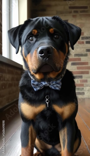 Stylish Humanoid Gentleman Dog in a Formal Well-Made Bow Tie at a Business Dance Party Ball Celebration - Realistic Portrait Illustration Art Showcasing Cute and Cool Rottweiler  (generative AI) © Get Stock