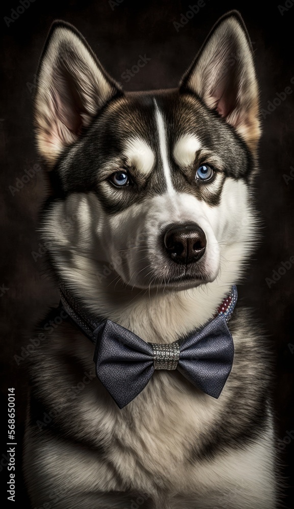 Stylish Humanoid Gentleman Dog in a Formal Well-Made Bow Tie at a Business Dance Party Ball Celebration - Realistic Portrait Illustration Art Showcasing Cute and Cool Siberian Husky  (generative AI)