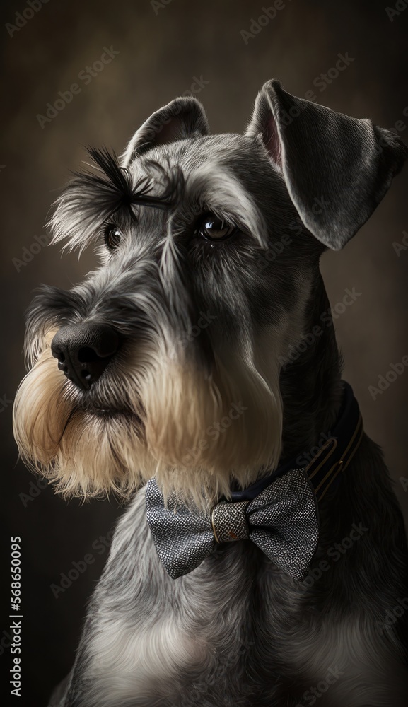 Stylish Humanoid Gentleman Dog in a Formal Well-Made Bow Tie at a Business Dance Party Ball Celebration - Realistic Portrait Illustration Art Showcasing Cute and Cool Standard Schnauzer generative AI