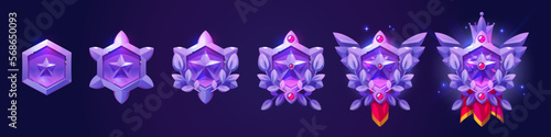 Purple hexagon frames of game avatars. Fantasy ranking badges with glowing borders with star, laurel, gems, crown and red pennant, vector cartoon set isolated on background
