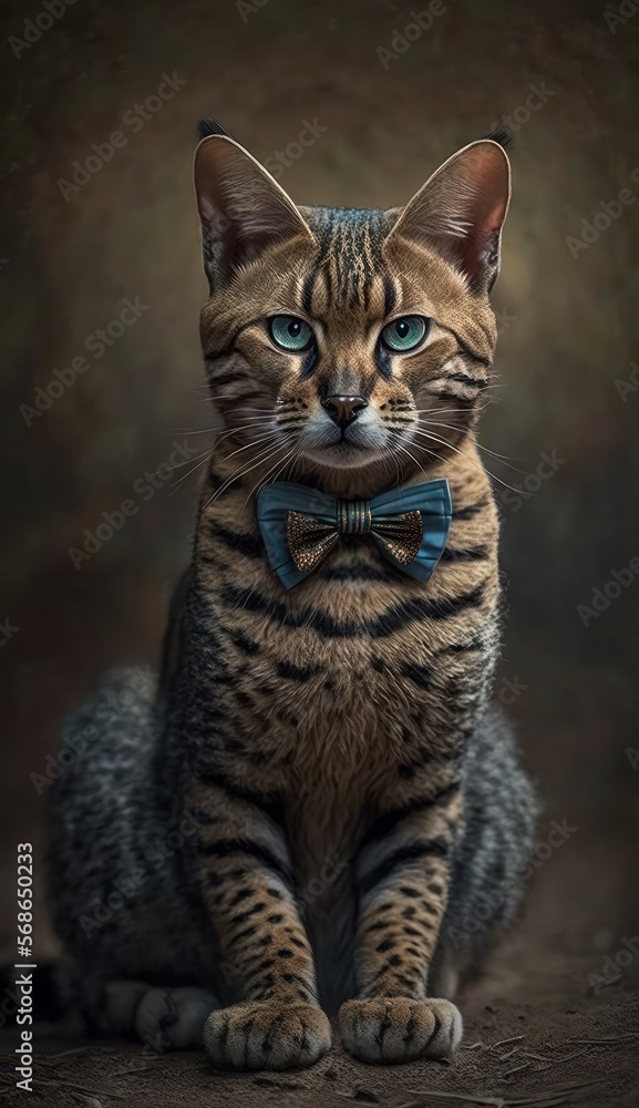 Stylish Humanoid Gentleman Animal in a Formal Well-Made Bow Tie at a Business Dance Party Ball Celebration - Realistic Portrait Illustration Art Showcasing Cute and Cool Wild cat  (generative AI)