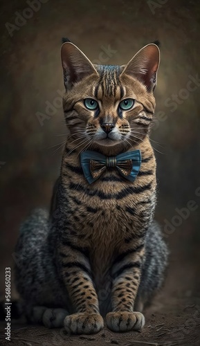 Stylish Humanoid Gentleman Animal in a Formal Well-Made Bow Tie at a Business Dance Party Ball Celebration - Realistic Portrait Illustration Art Showcasing Cute and Cool Wild cat   generative AI 