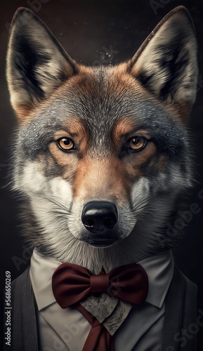 Stylish Humanoid Gentleman Animal in a Formal Well-Made Bow Tie at a Business Dance Party Ball Celebration - Realistic Portrait Illustration Art Showcasing Cute and Cool Wolf   generative AI 