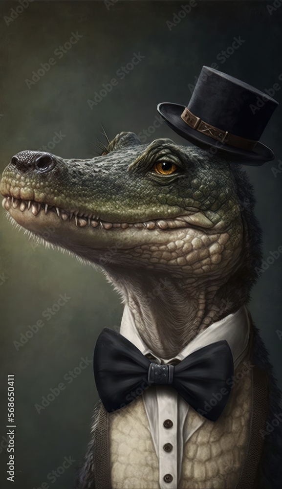 Stylish Humanoid Gentleman Animal in a Formal Well-Made Bow Tie at a Business Dance Party Ball Celebration - Realistic Portrait Illustration Art Showcasing Cute and Cool Alligator  (generative AI)