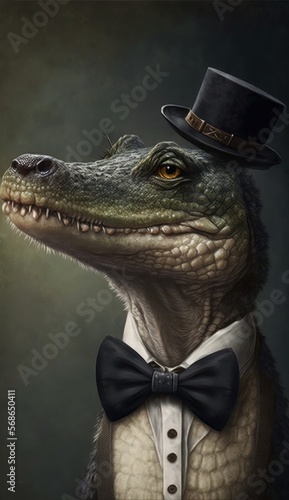 Stylish Humanoid Gentleman Animal in a Formal Well-Made Bow Tie at a Business Dance Party Ball Celebration - Realistic Portrait Illustration Art Showcasing Cute and Cool Alligator (generative AI)
