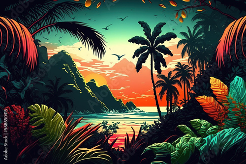Tropical background illustration, Ai generated