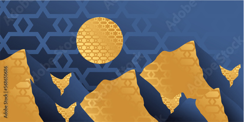 golden mountain star moon scenery background. illustration