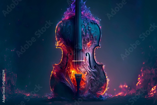 Fototapete Burning cello music instrument fantasy background Generative AI