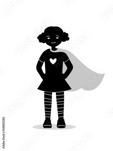 Silhouette of a child girl standing and smiling with cape in flat vector style, stop bullying concept.
