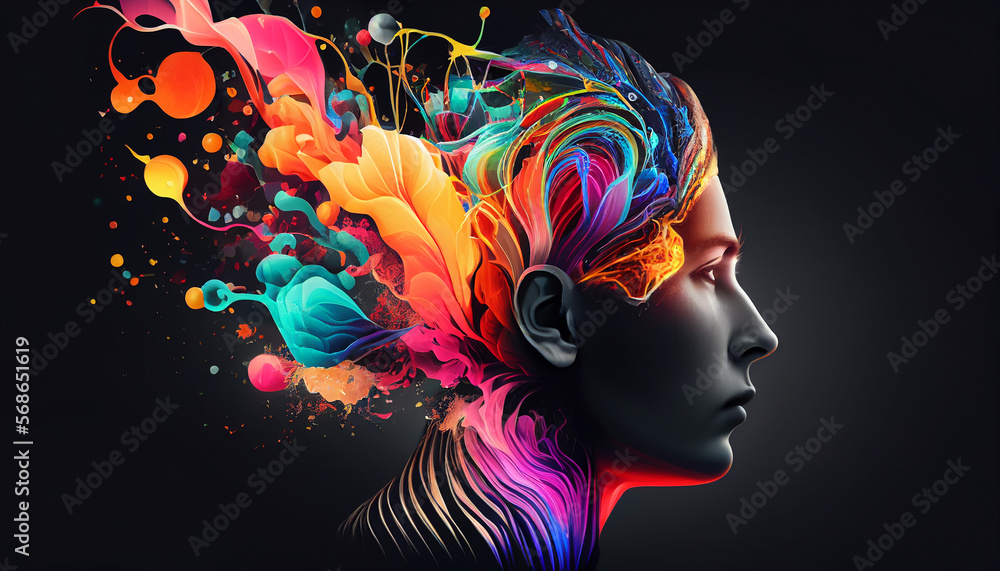 Concept art of a human brain exploding with knowledge and creativity ...