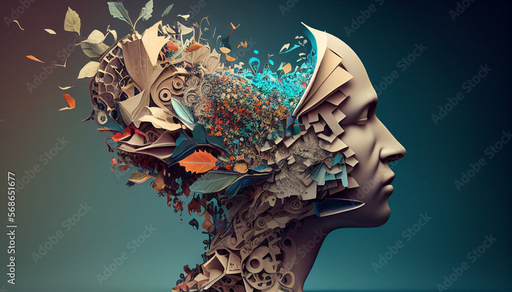 Concept art of a human brain exploding with knowledge and creativity