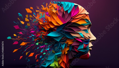 Concept art of a human brain exploding with knowledge and creativity. Colorful human head with art ink splash about ideas, innovation, and technology. generative ai © BornHappy