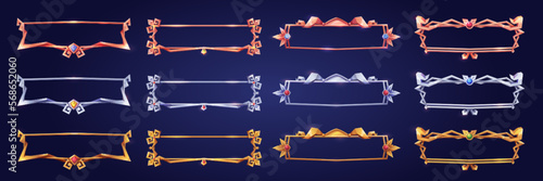 Empty rectangle frames in medieval style for game ui design. Vector cartoon set of user interface elements with golden bronze silver ornate flourish border, decorated with gems, isolated on background