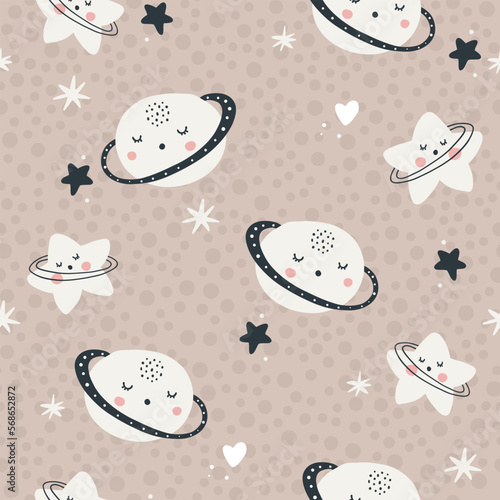 Nursery seamless pattern with planets and stars. Vector background with cute baby shower elements in simple hand-drawn Scandinavian cartoon doodle style. Limited pastel palette for printing