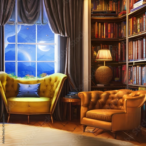 A cozy reading nook with a comfortable armchair and a bookshelf1, Generative AI photo