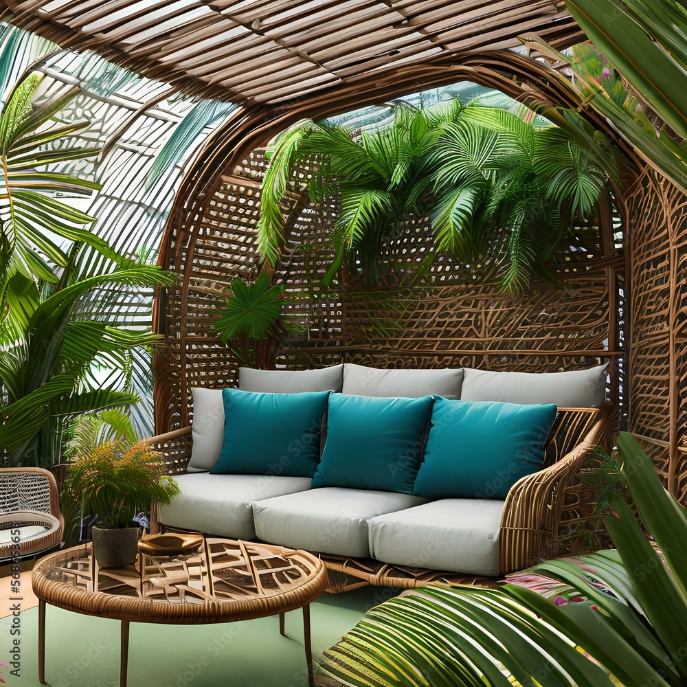 Fototapeta premium A tropical themed sunroom with indoor plants and wicker furniture1, Generative AI