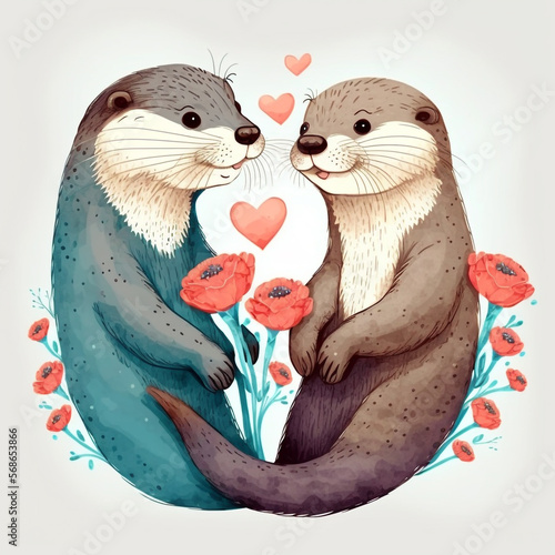 Cute cartoon otter couple love. Valentine's Day greeting card illustration photo