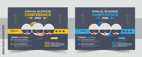 Conference flyer and invitation banner template design, Annual corporate business workshop, meeting & training promotion poster, Online digital marketing horizontal cover layout