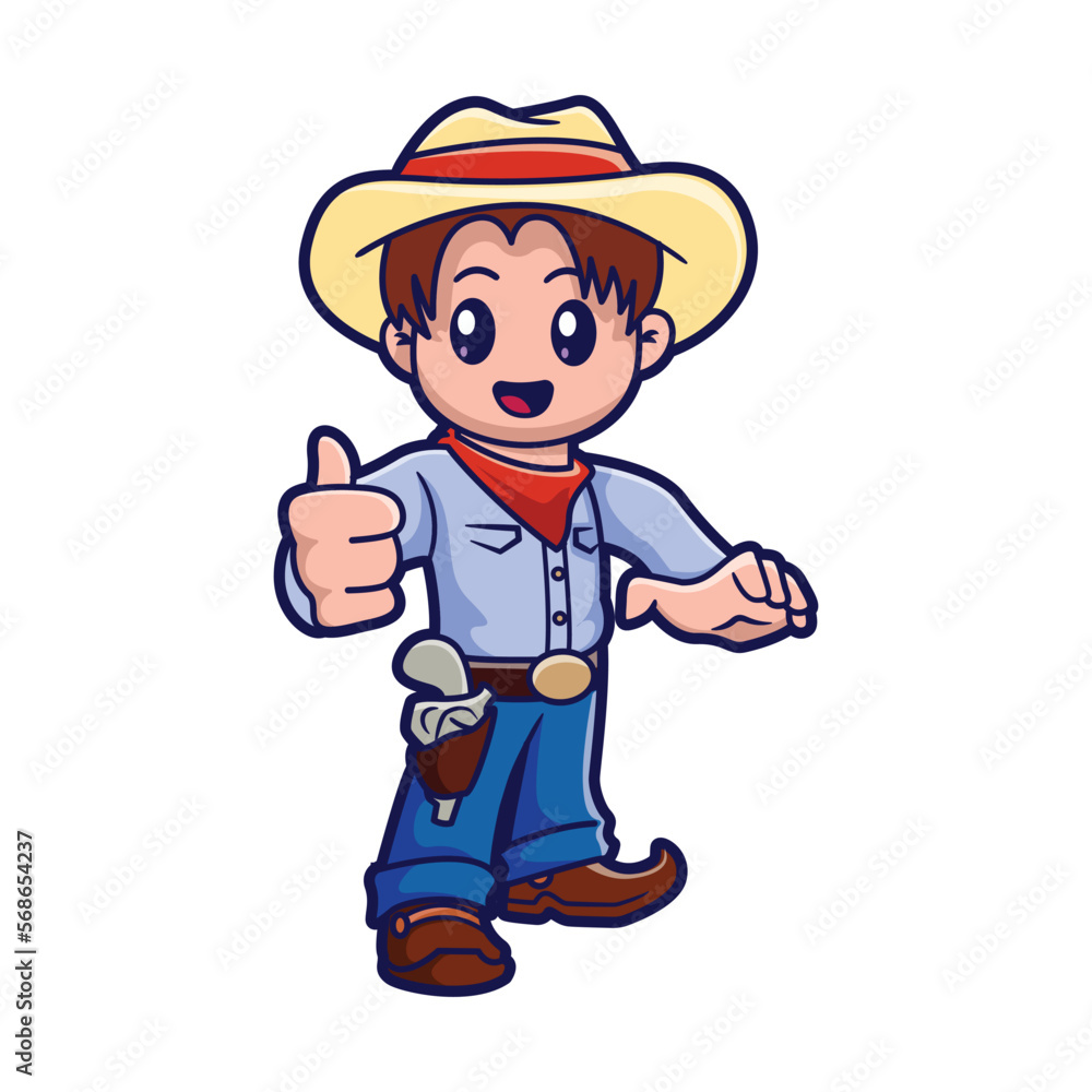 Cute kid in a cowboy costume, vector cartoon illustration Cute kid in a cowboy costume, vector cartoon illustration