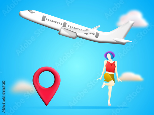 Tourist women beautiful standing with location, cloud and plane isolated on blue sky background. Illustration 3D for content background travel. Happy female with weekend time. 