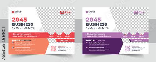 Business webinar invitation design. Webinar and business conference social media banner template. Online live webinar banner invitation. Business conference flyer. Modern banner design template