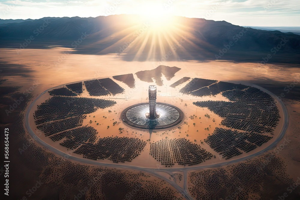 Aerial photo of the Innovative Solar Thermal Power Generation Plant in Desert. Photo AI
