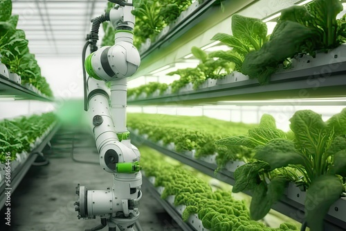 Robotic Arm Harvests Lettuce in Vertical Hydroponic System with Automated Farming Technology. Photo AI photo