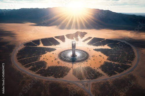Aerial photo of the Innovative Solar Thermal Power Generation Plant in Desert. Photo AI