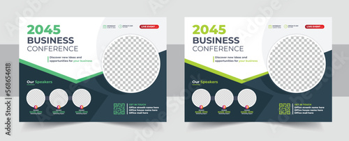 Business leaders horizontal banner template design. Modern flyer design with blue background and yellow, red and white on elements shape. Usable for banner, cover, brochure and header