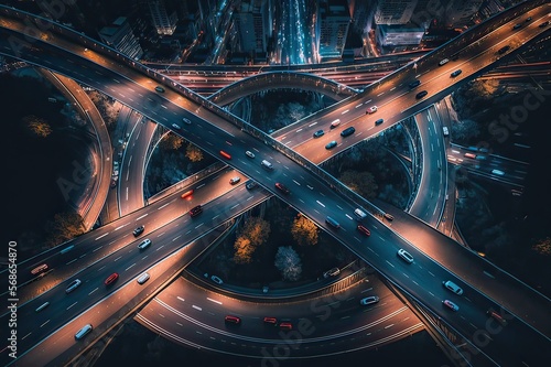 Murais de parede Aerial Innovation: Drone View of Shanghai Overpass and City Traffic at Night