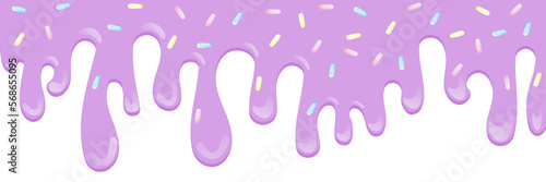 Yellow soft ice cream, sweet candy splashes, long border, seamless banner pattern, vector white background