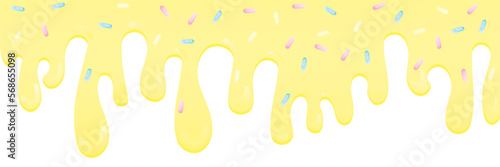 Yellow soft ice cream, sweet candy splashes, long border, seamless banner pattern, vector white background
